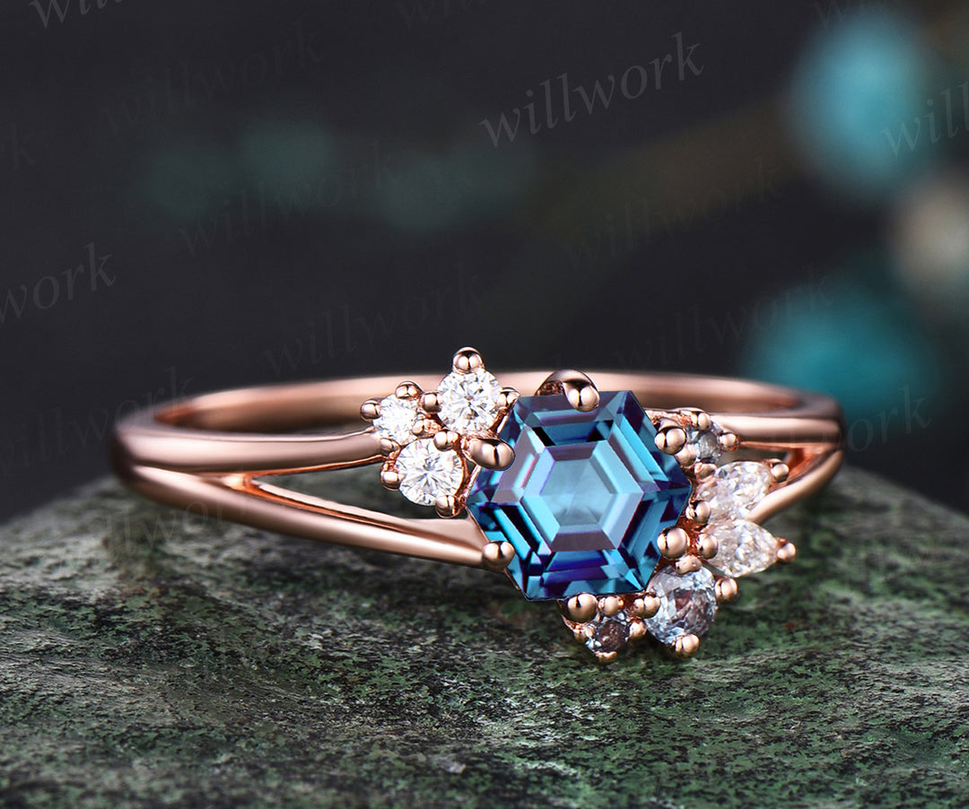 Unique Hexagon Cut Alexandrite Engagement Ring June Birthstone Alexandrite Moissante Diamond Main Ring Bridal Promise Gift For Women