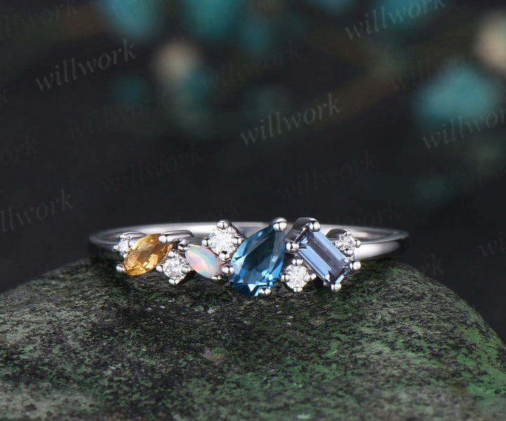 14k white gold pear London blue topaz alexandrite opal citrine moissanite wedding band Multi-Stone Ring anniversary engagement ring gift