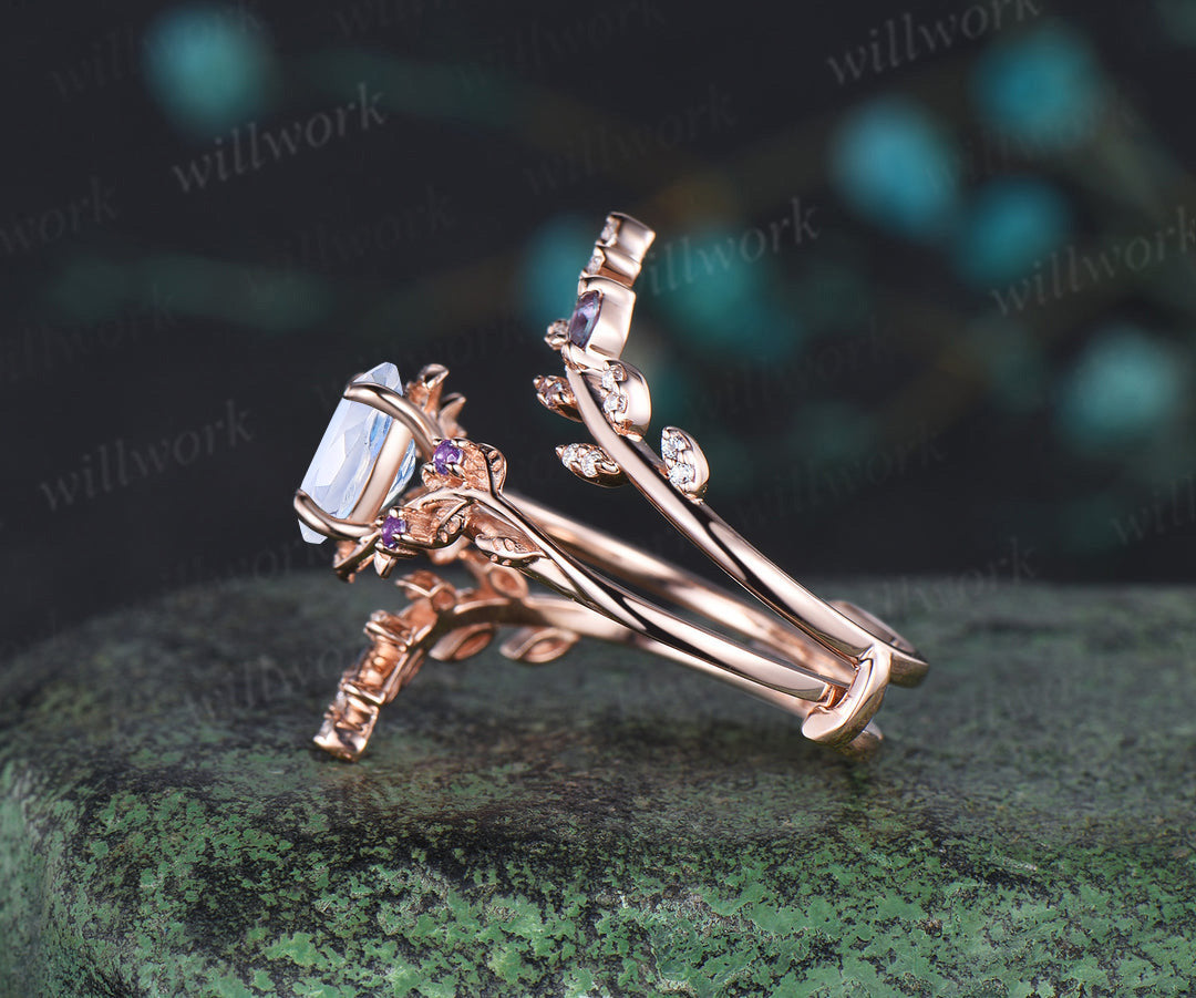 Vintage oval moonstone engagement ring nature inspired leaf amethyst ring wedding band enhancer twisted bridal ring set women
