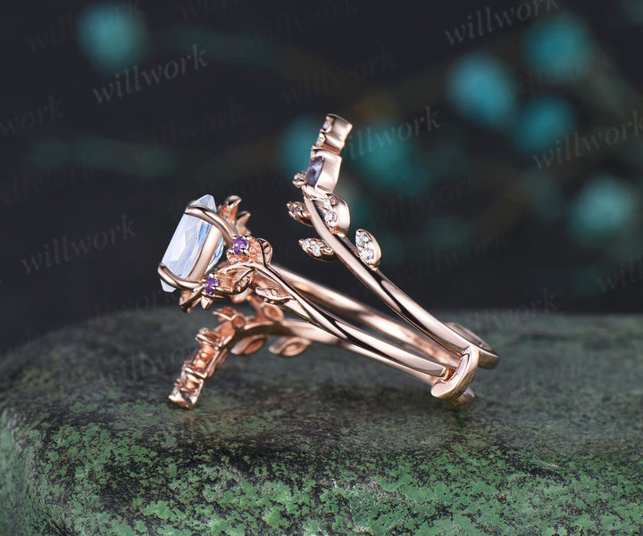 Vintage oval moonstone engagement ring nature inspired leaf amethyst ring wedding band enhancer twisted bridal ring set women