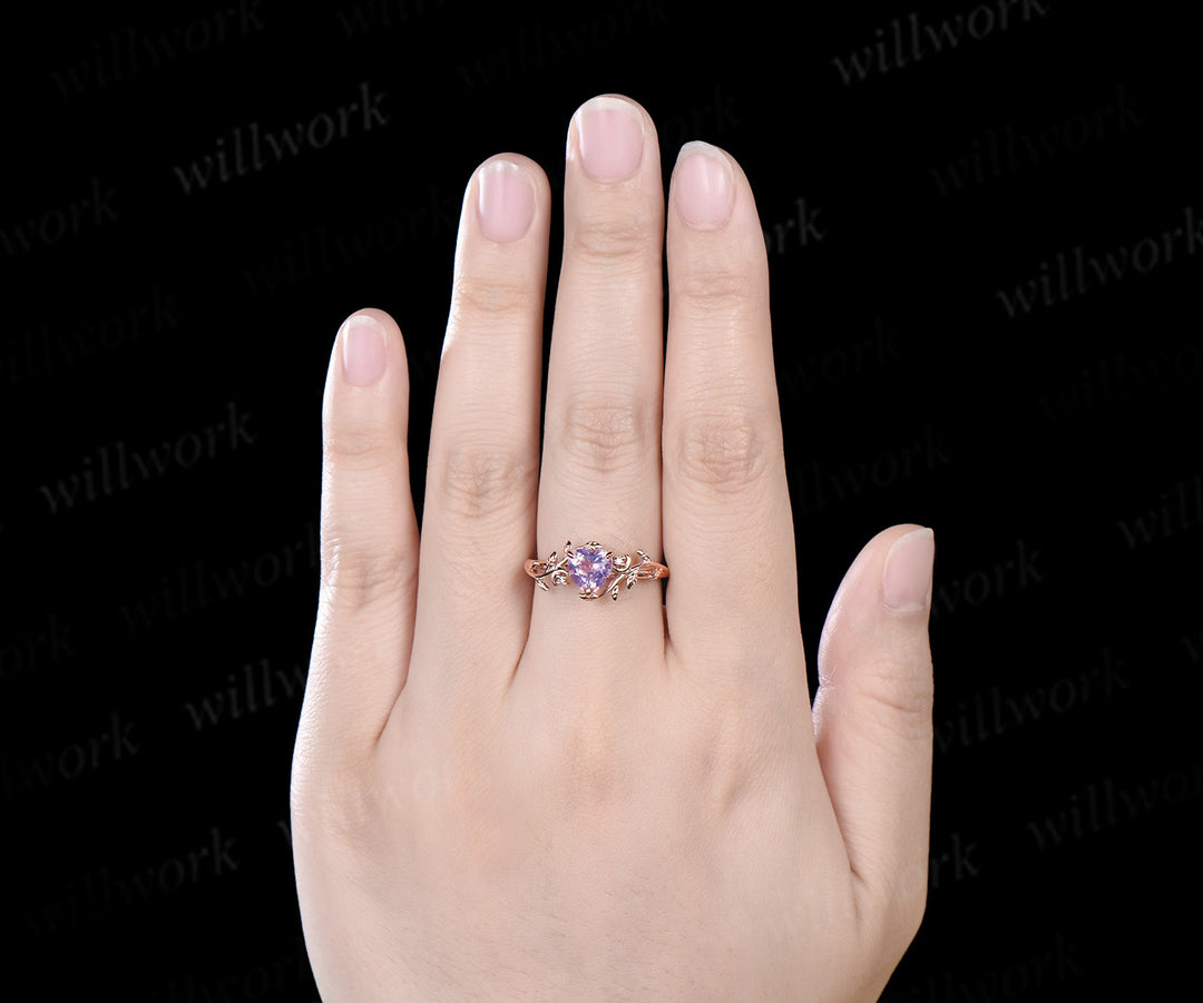 Vintage heart shaped Lavender Amethyst engagement ring rose gold twig leaf Nature inspired moon diamond anniversary ring women gift