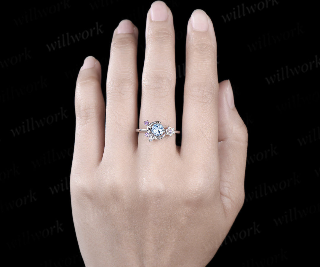 Round cut aquamarine engagement ring white gold moon amethyst ring vintage floral diamond wedding anniversary ring gift