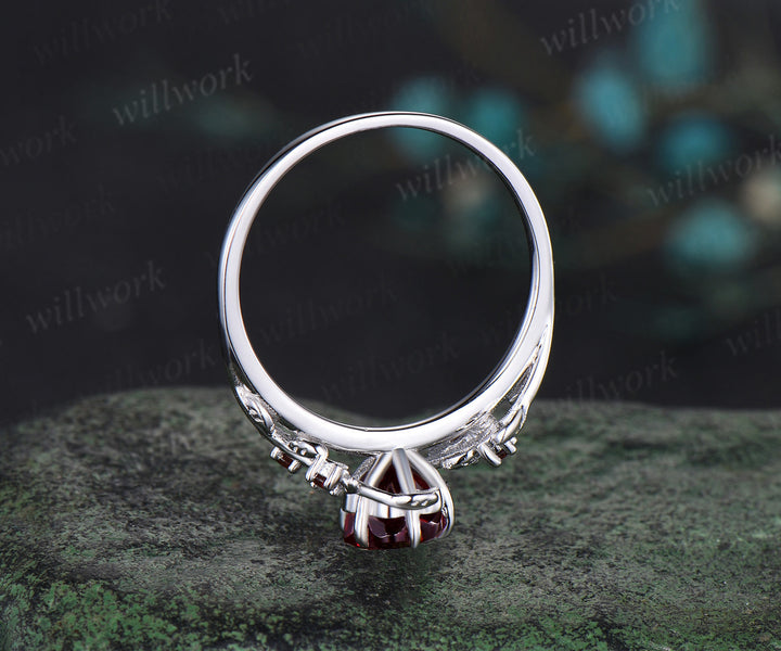 Floral shaped red garnet engagement ring white gold leaf nature inspired five stone January birthstone ring women gift
