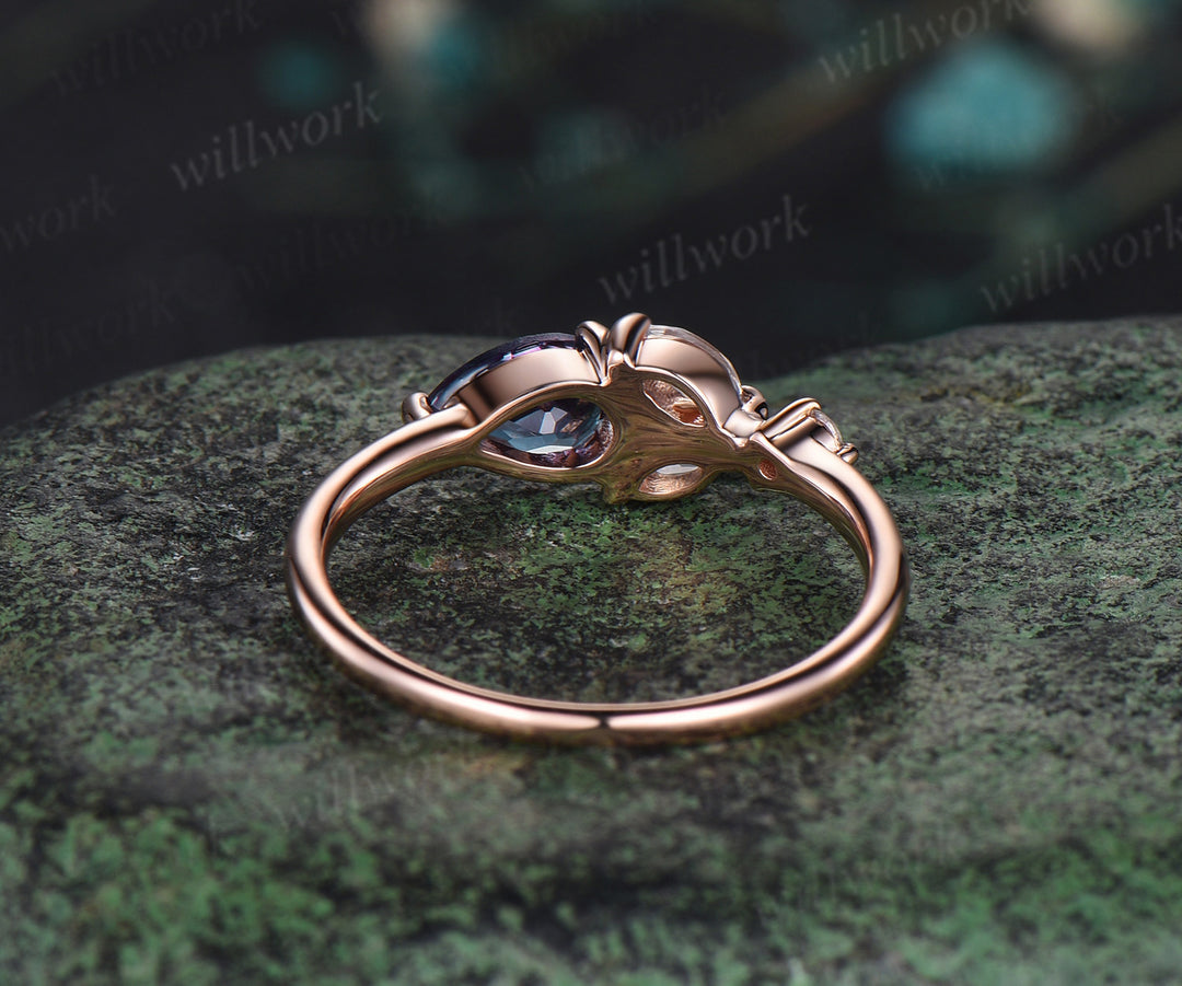 Pear alexandrite engagement ring rose gold five stone moonstone dainty Multi-Stone Rings unique June birthstone anniversary ring women