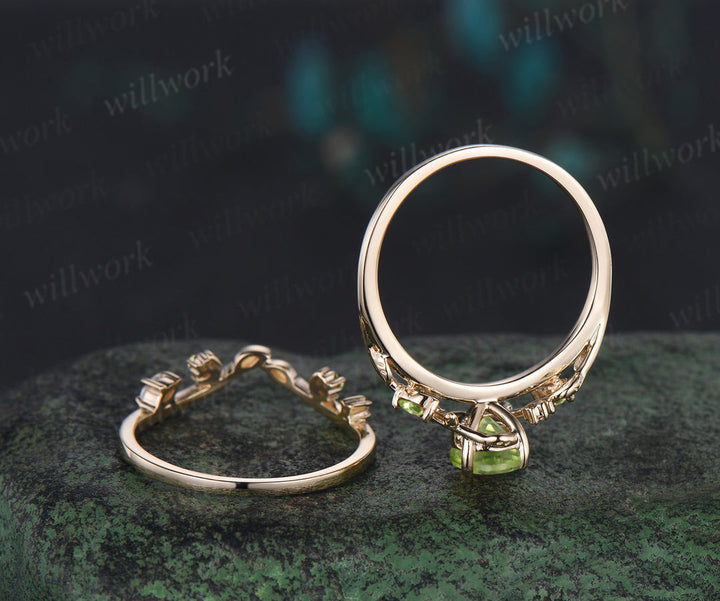 Vintage pear shaped peridot engagement ring twisted leaf moon Crystal gemstone wedding anniversary ring set gift