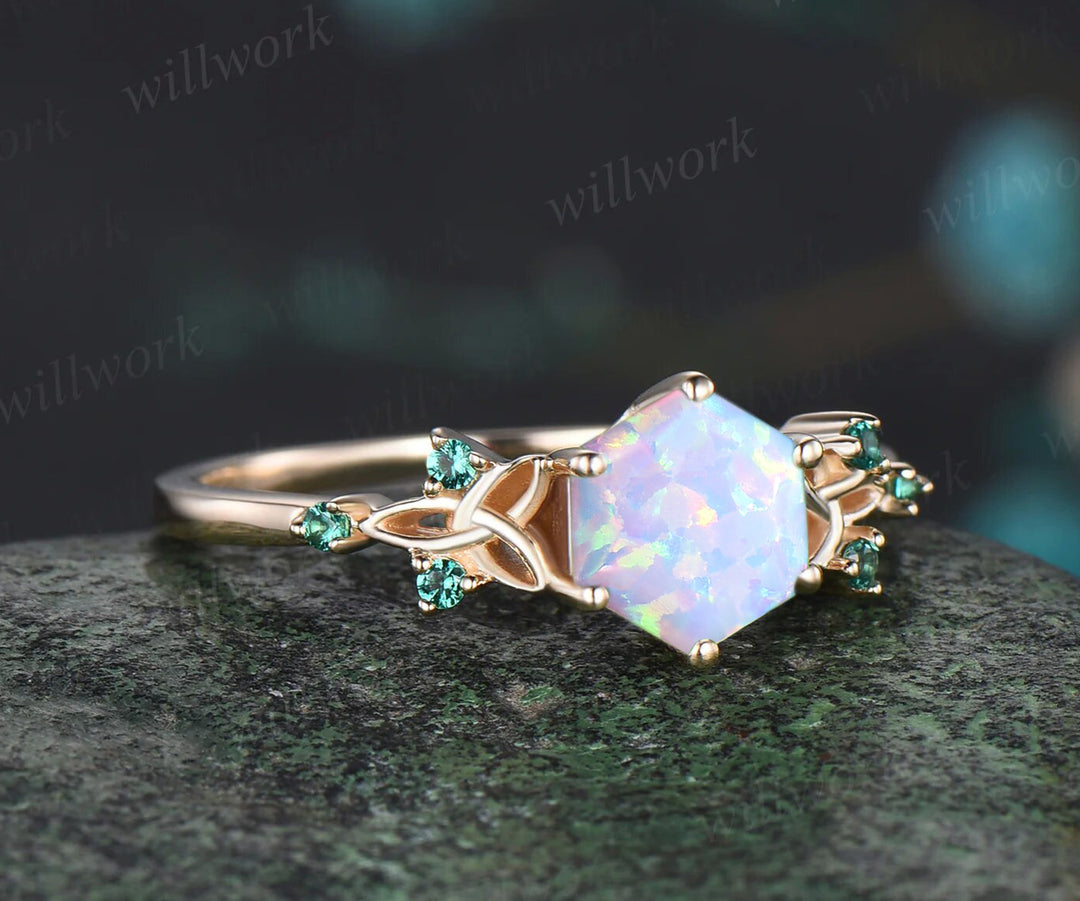 Hexagon Cut Opal Engagement Ring October birthstone Celtic Knot Wedding Ring Emerald Seven Stone Bridal Ring