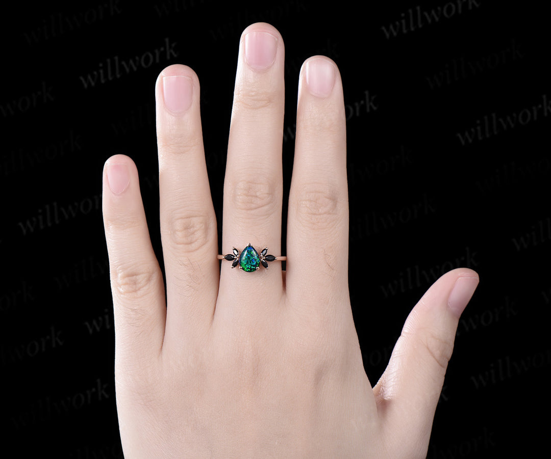 Pear shaped black opal engagement ring rose gold cluster marquise black spinel ring women