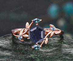 Hexagon Cut Galaxy Blue Sandstone Engagement Wedding Ring Alexandrite Leaf Vine Twig Branch Nature Inspired Ring Five Stone Healing Jewelry