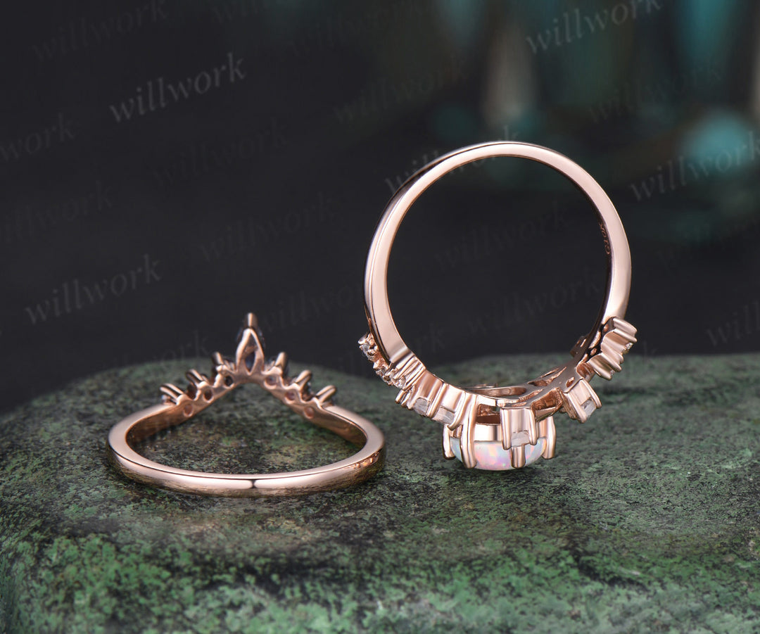 Round white opal engagement ring 14k rose gold twisted art deco cluster moonstone alexandrite bridal wedding ring set women