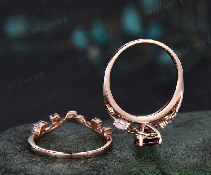 Vintage pear red garnet engagement ring set January birthstone rose gold leaf moon opal ring women