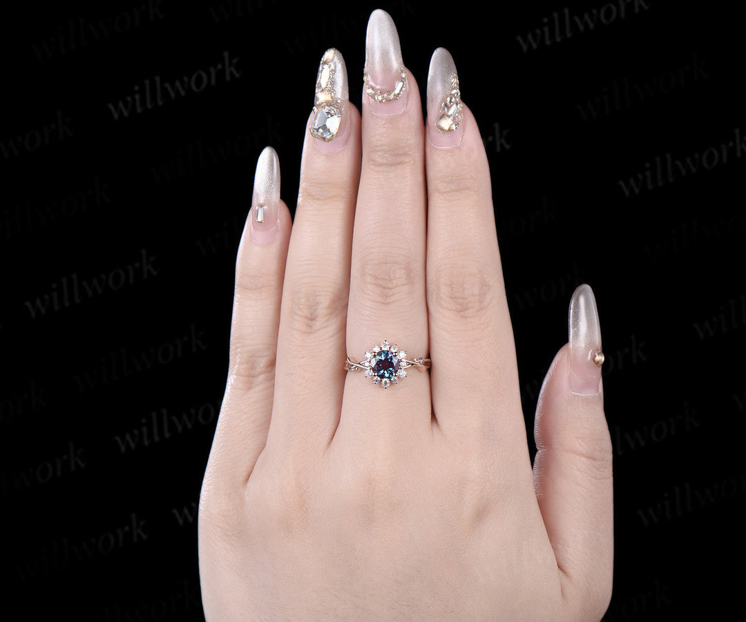 Round cut alexandrite engagement ring rose gold twisted branch vine halo diamond ring vintage promise bridal ring women