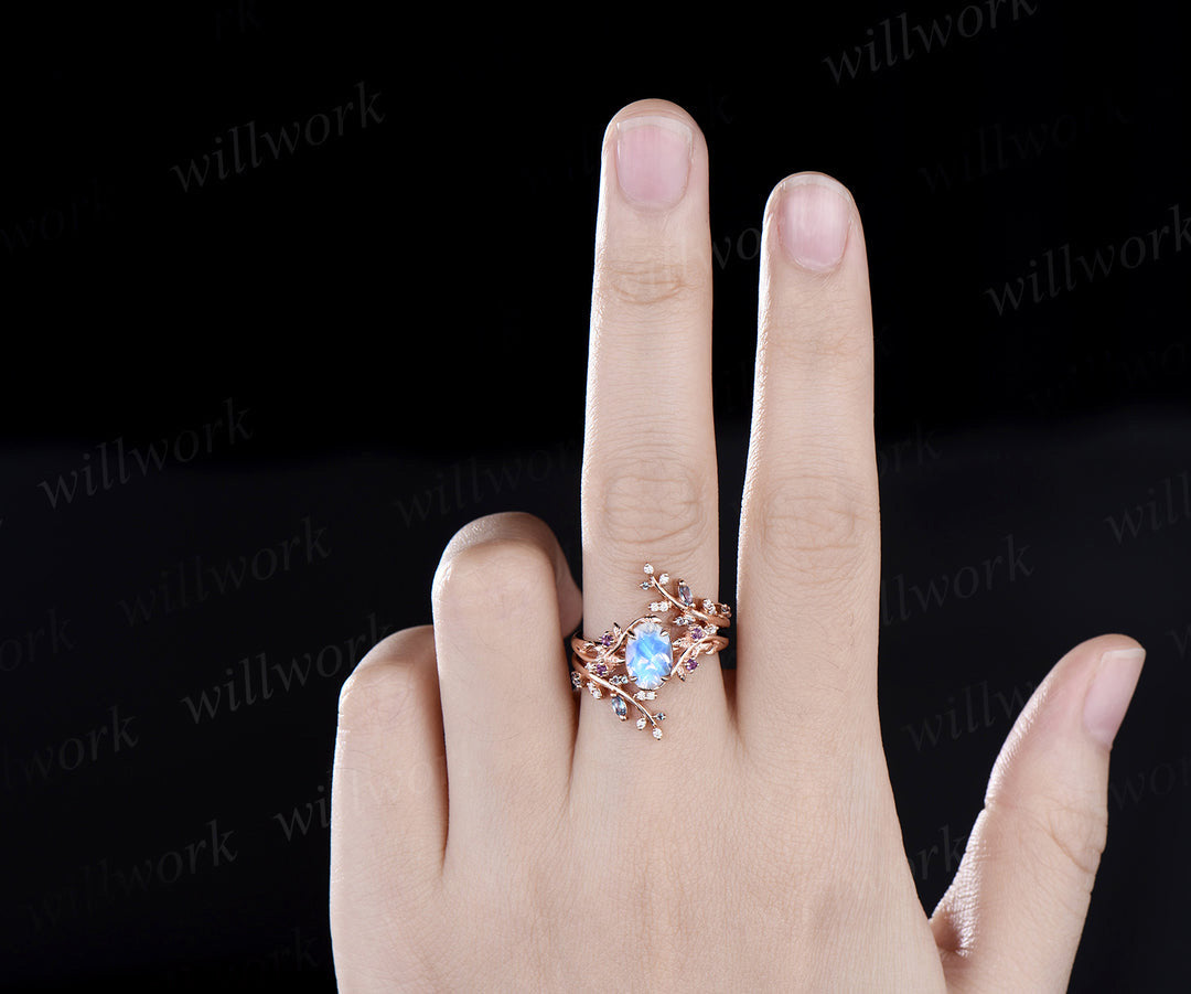 Vintage oval moonstone engagement ring nature inspired leaf amethyst ring wedding band enhancer twisted bridal ring set women