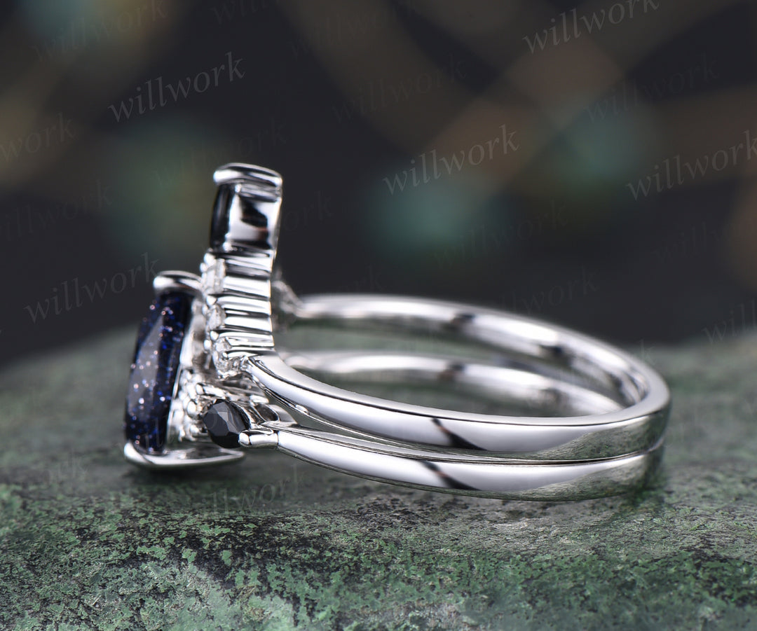Vintage blue sandstone engagement ring set unique Galaxy blue gem ring curved moissanites wedding band bridal wedding set anniversary gifts