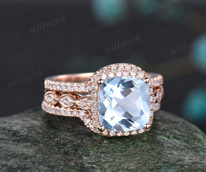 Milgrain Cushion Cut Natural Aquamarine Engagement Ring Set Vintage Moissanite Halo Half Eternity Wedding Ring Antique 14k Rose Gold 3pcs Bridal Ring Set