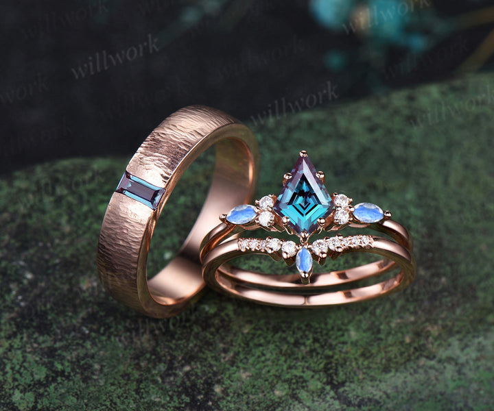 Captivating Alexandrite Kite & Moonstone Ring Set | Refined baguette Alexandrite Men's Ring 14K rose gold couple set jewellery Perfect for Valentine's Day Gifts and Thoughtful Presents for Her