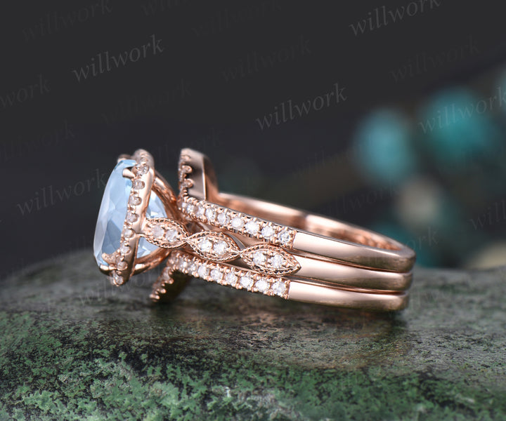 Milgrain Cushion Cut Natural Aquamarine Engagement Ring Set Vintage Moissanite Halo Half Eternity Wedding Ring Antique 14k Rose Gold 3pcs Bridal Ring Set