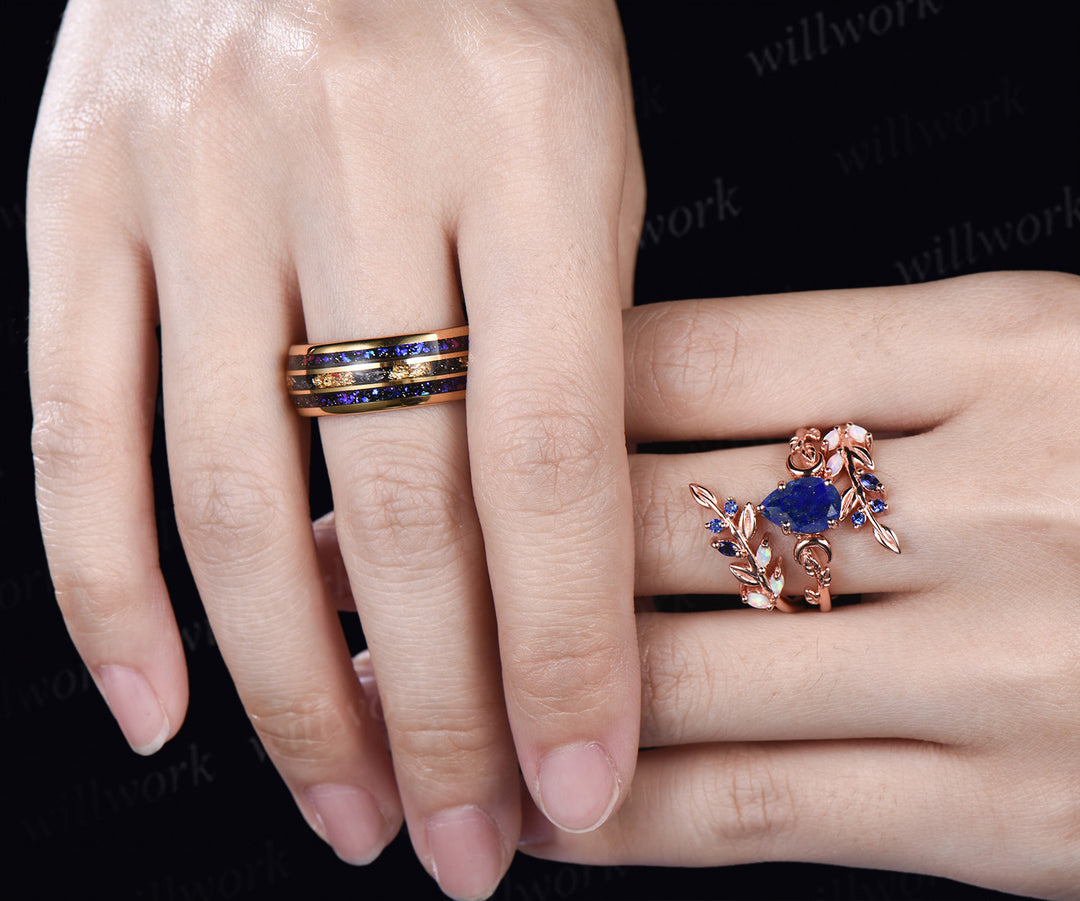 Pear Lapis Lazuli Leaf Vines Bridal Ring Set & Tungsten Galaxy Nebula Gold Flakes Men Band Unique Couple Ring Set
