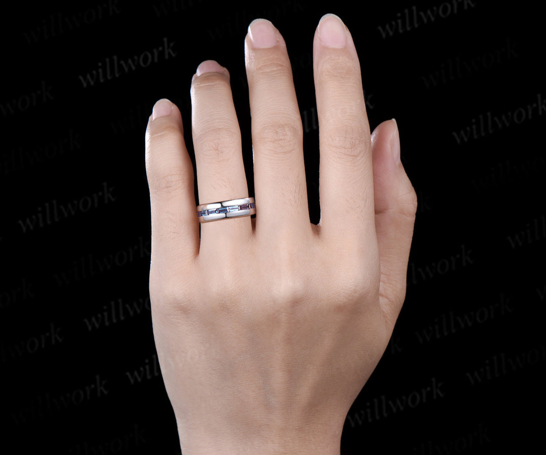 Baguette cut alexandrite wedding band men half eternity mens wedding ring band June birthstone ring anniversary gift