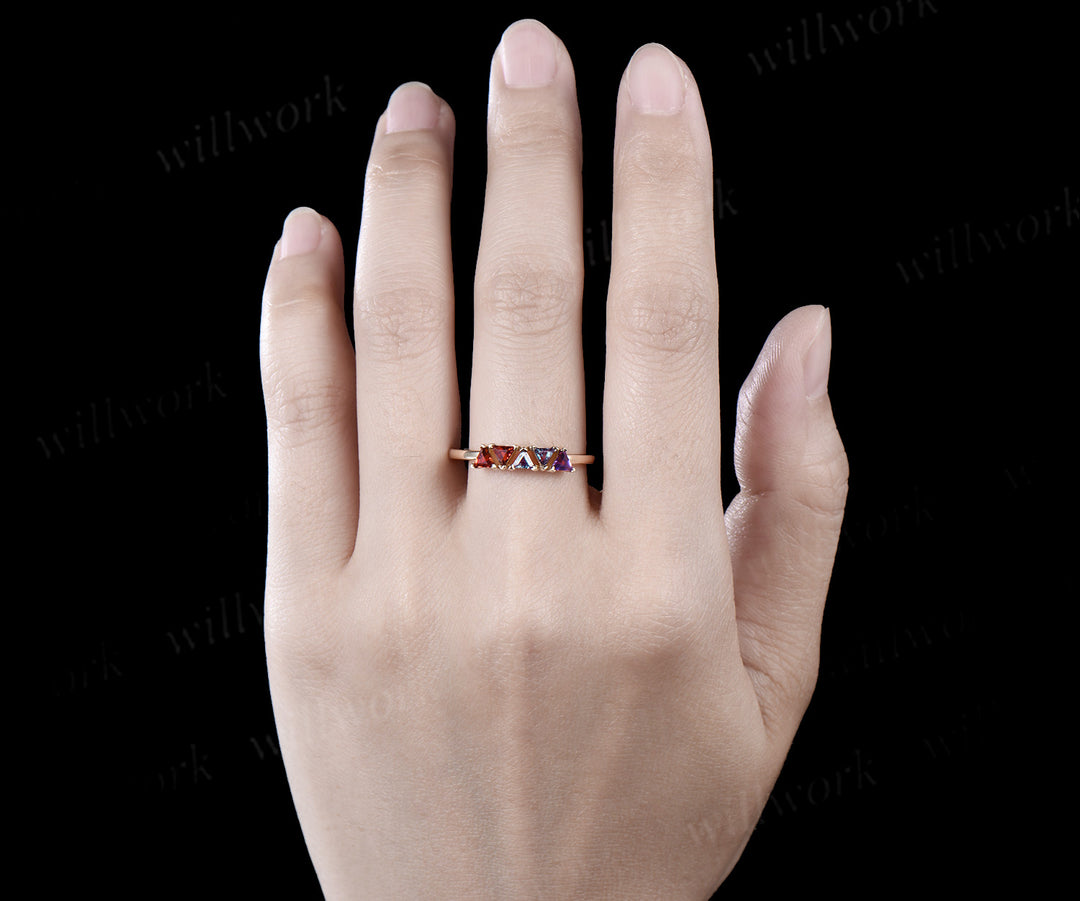 Trilliant cut garnet alexandrite amethyst ring solid 14k yellow gold five stone birthday gift Multi-Stone Rings anniversary ring women gift
