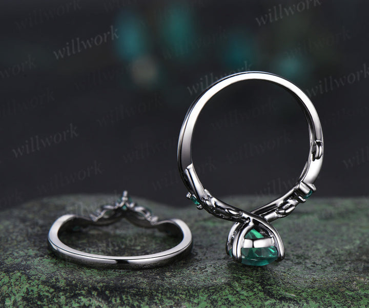 Black Gold Pear Emerald Engagement Ring Set Twig Vine Wedding Ring Gothic Promise Rings