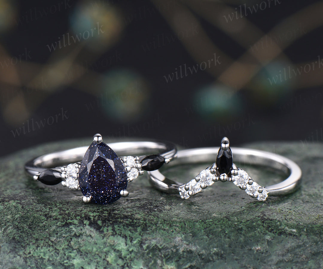 Vintage blue sandstone engagement ring set unique Galaxy blue gem ring curved moissanites wedding band bridal wedding set anniversary gifts
