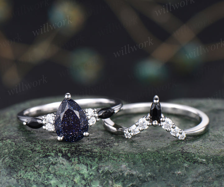Vintage blue sandstone engagement ring set unique Galaxy blue gem ring curved moissanites wedding band bridal wedding set anniversary gifts