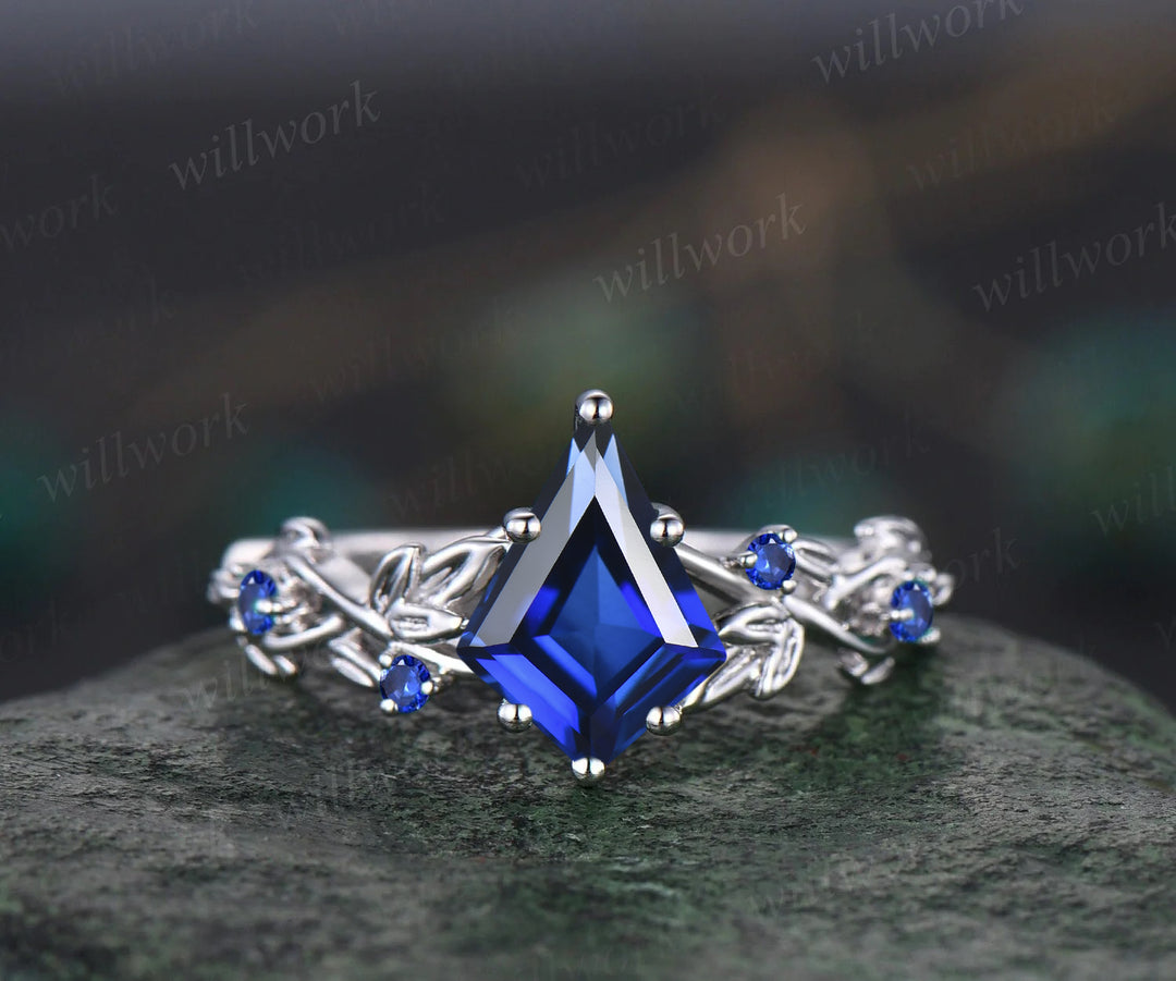 Twig Blue Sapphire ring vintage kite cut September Birthstone Blue Sapphire engagement ring nature inspired rose gold ring leaf women unique wedding ring