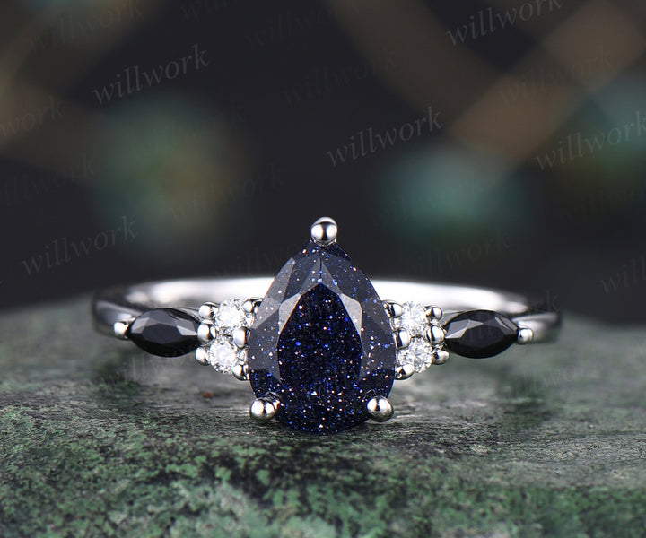 Vintage blue sandstone engagement ring set unique Galaxy blue gem ring curved moissanites wedding band bridal wedding set anniversary gifts