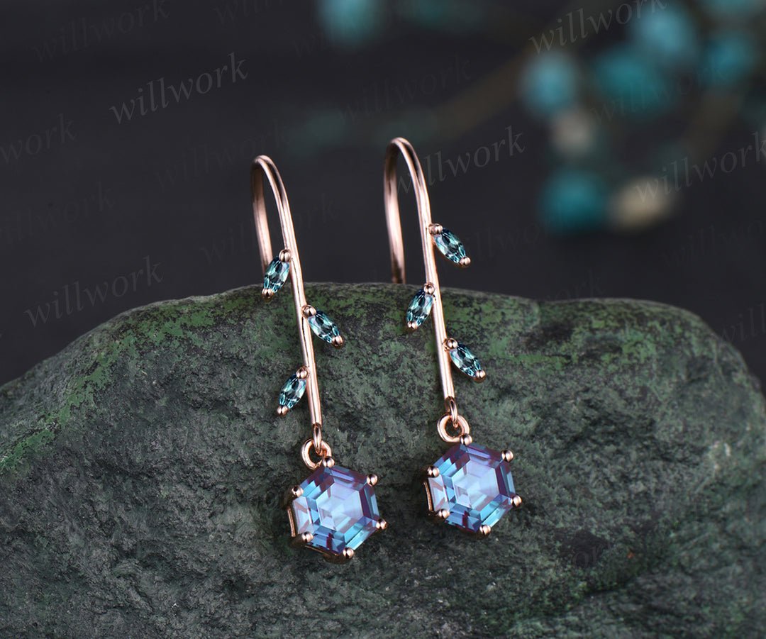 Delicate June Birthstone Alexandrite Drop Earrings Unique Color Change Stone Alexandrite Dangle Earrings 14k Rose Gold Alexandrite Earrings