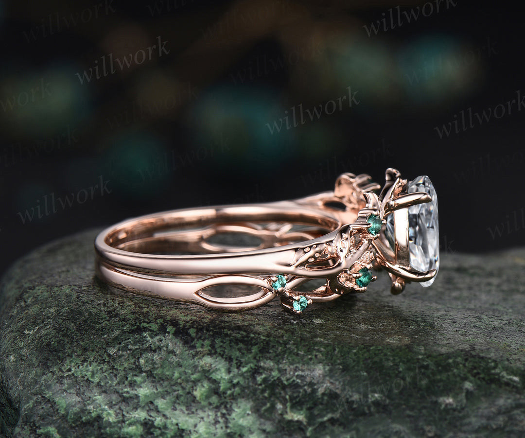 Oval Cut IGI Lab Grown Diamond Engagement Ring Set Twig Leaf Ring Art Deco Emerald Wedding Bridal Set