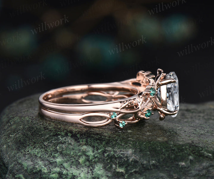 Oval Cut IGI Lab Grown Diamond Engagement Ring Set Twig Leaf Ring Art Deco Emerald Wedding Bridal Set
