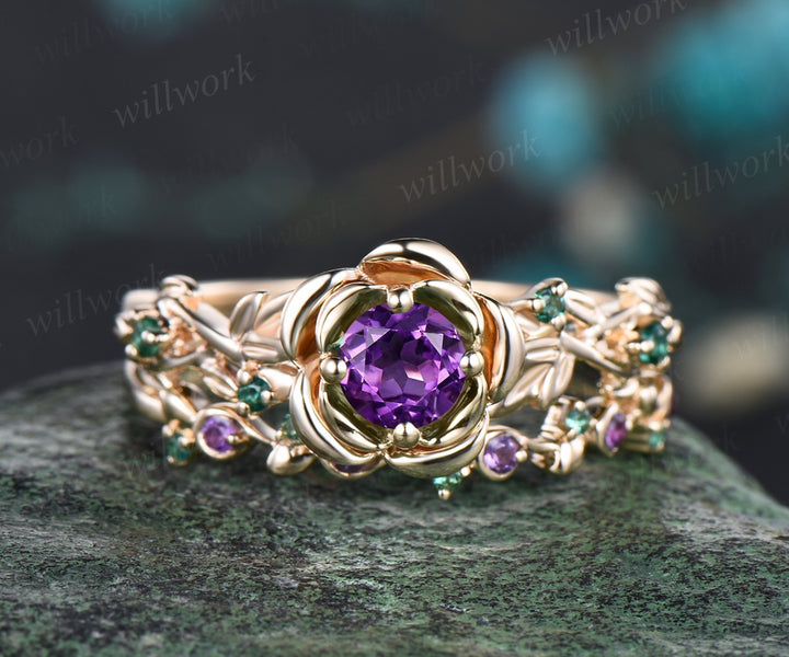 Round Cut February Birthstone Natural Amethyst Engagement Ring Set Unique Emerald Rose Flower Leaf Floral Vine Twig Branch Nature Inspired 2pcs Bridal Wedding Ring Set