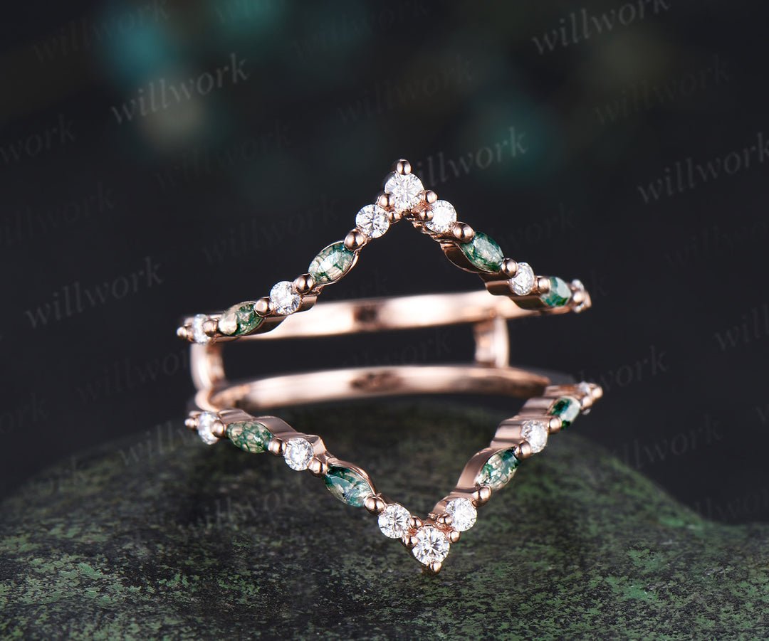 Marquise moss agate diamond wedding band enhancer wraps rose gold Double V curved stacking band band bridal ring women