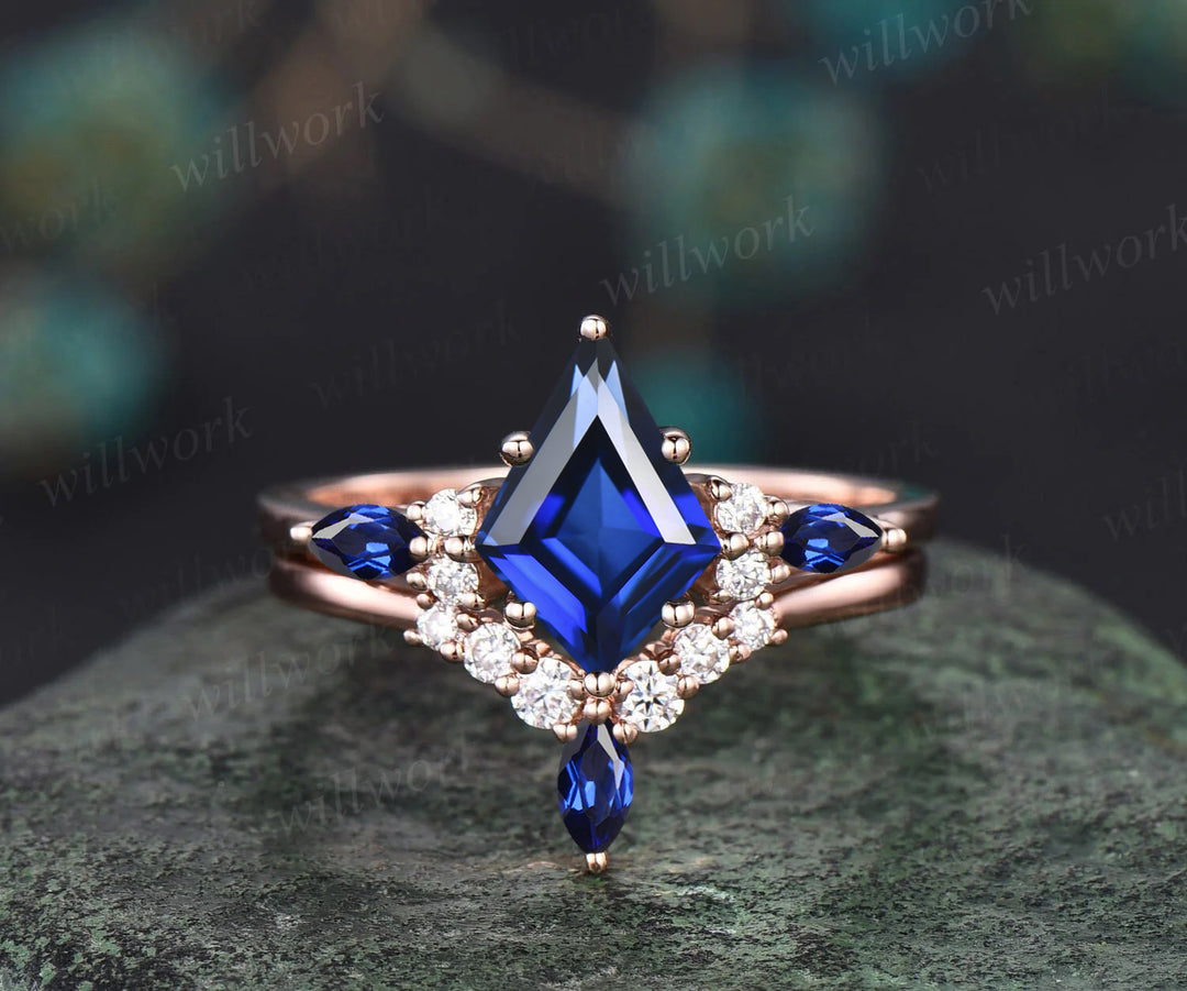 Unique Kite Cut September Birthstone Blue Sapphire Engagement Ring Set Art Deco Moissanite Diamond Curved V Shaped Wedding Band