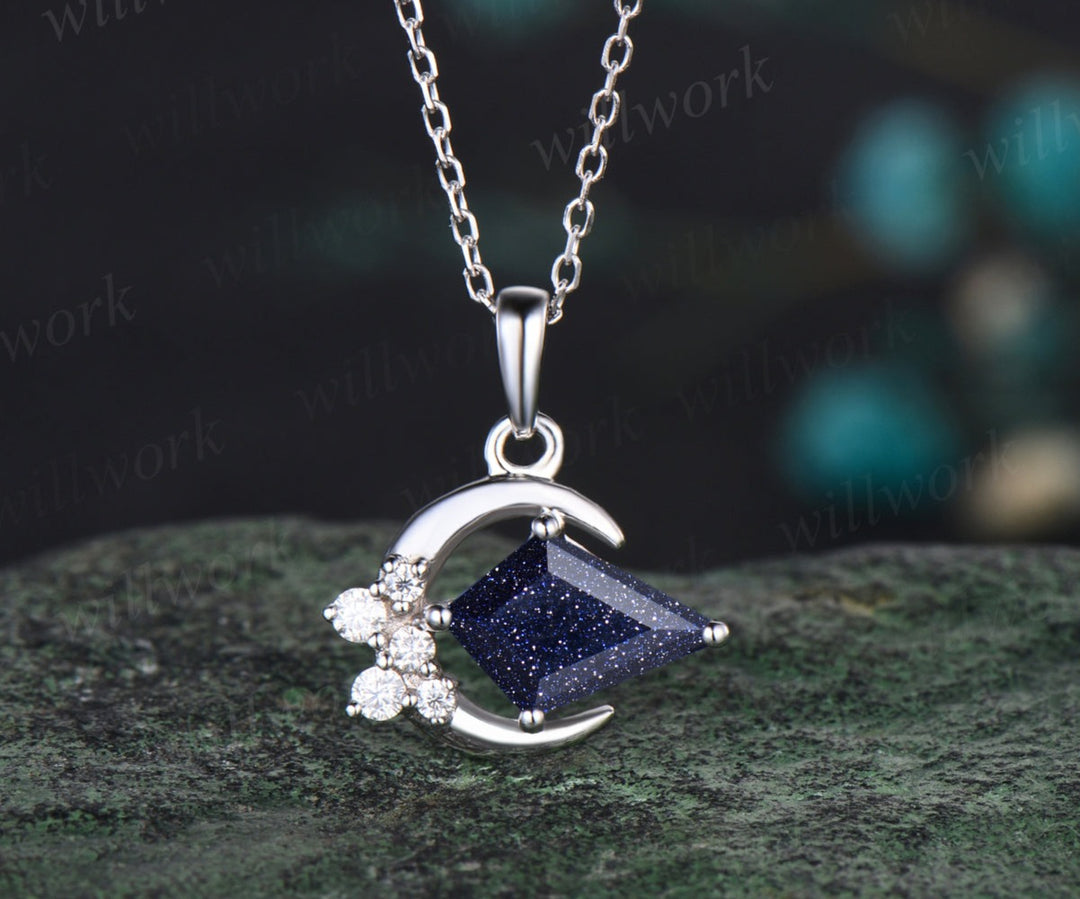 Minimalist Moon Necklace Delicate Kite Cut Galaxy Blue Sandstone Round Moissanite Cluster Pendant Art Deco Healing Jewelry Gift