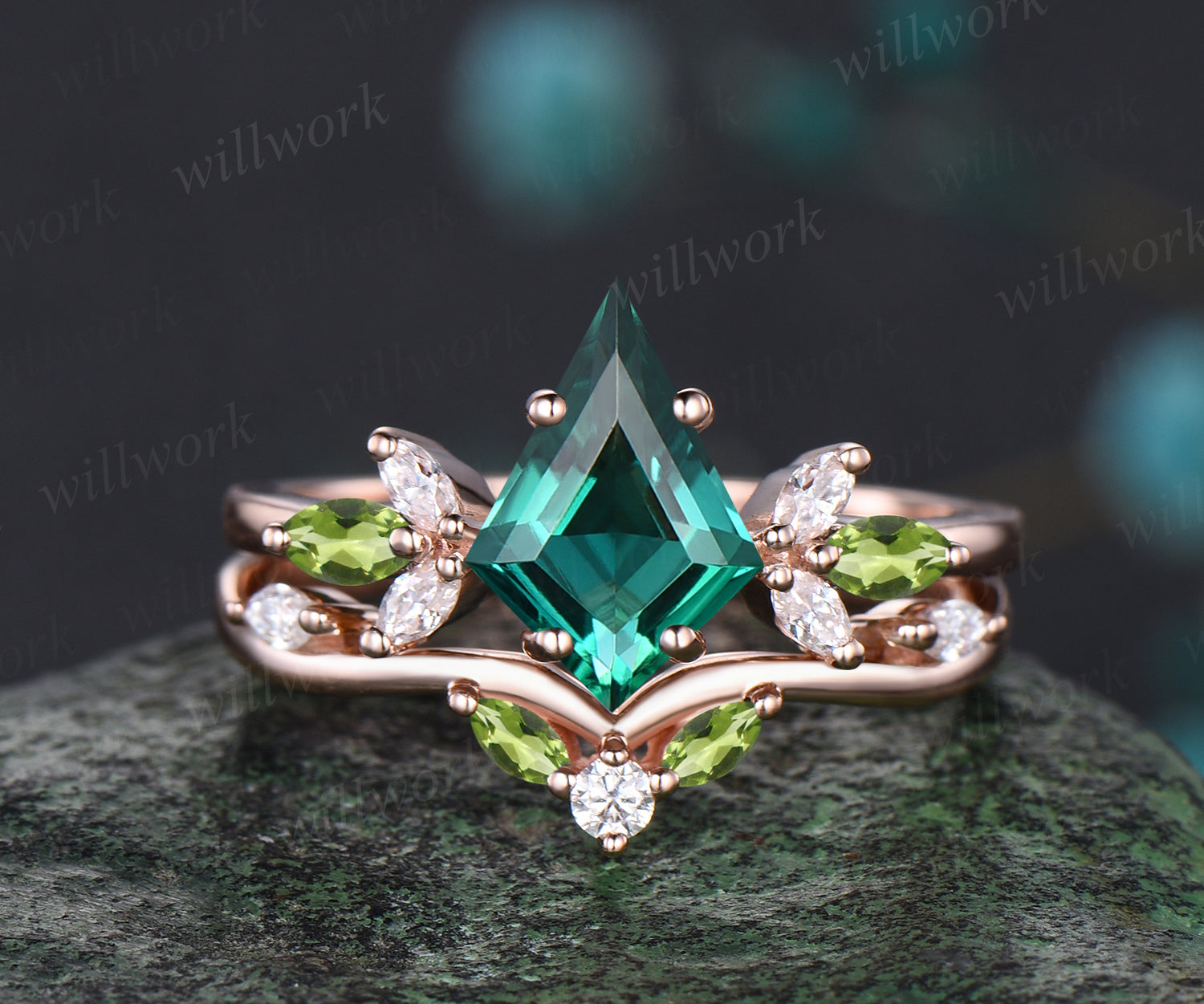 Vintage May Birthstone Kite Cut Emerald Engagement Ring Set