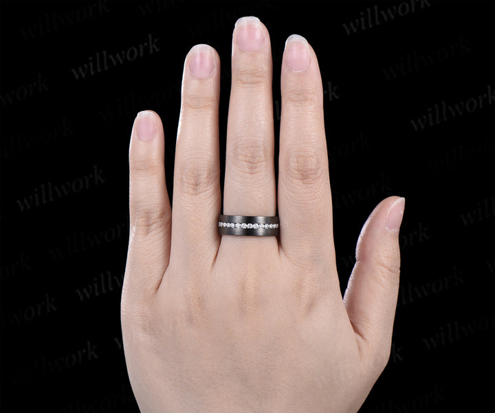 Moissanite mens wedding band 14k black gold brushed 8mm 3/4 eternity wedding ring anniversary gift for husband