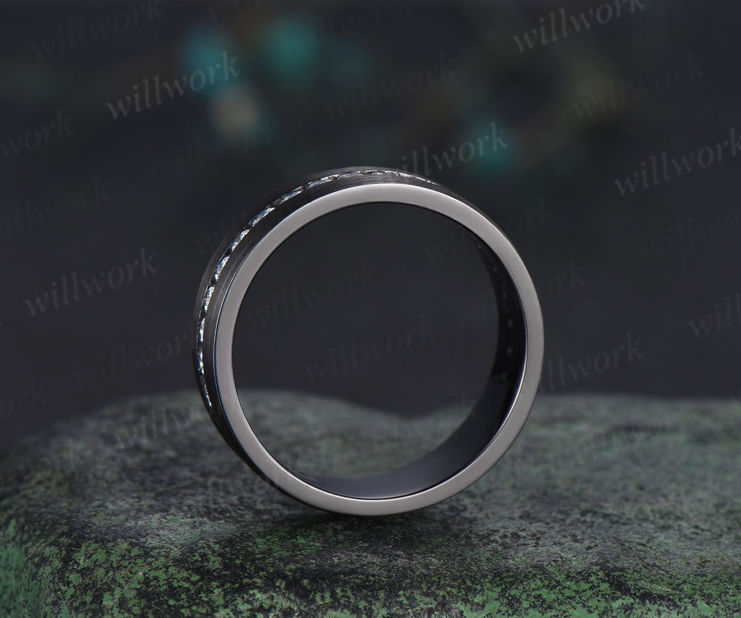 Moissanite mens wedding band 14k black gold brushed 8mm 3/4 eternity wedding ring anniversary gift for husband