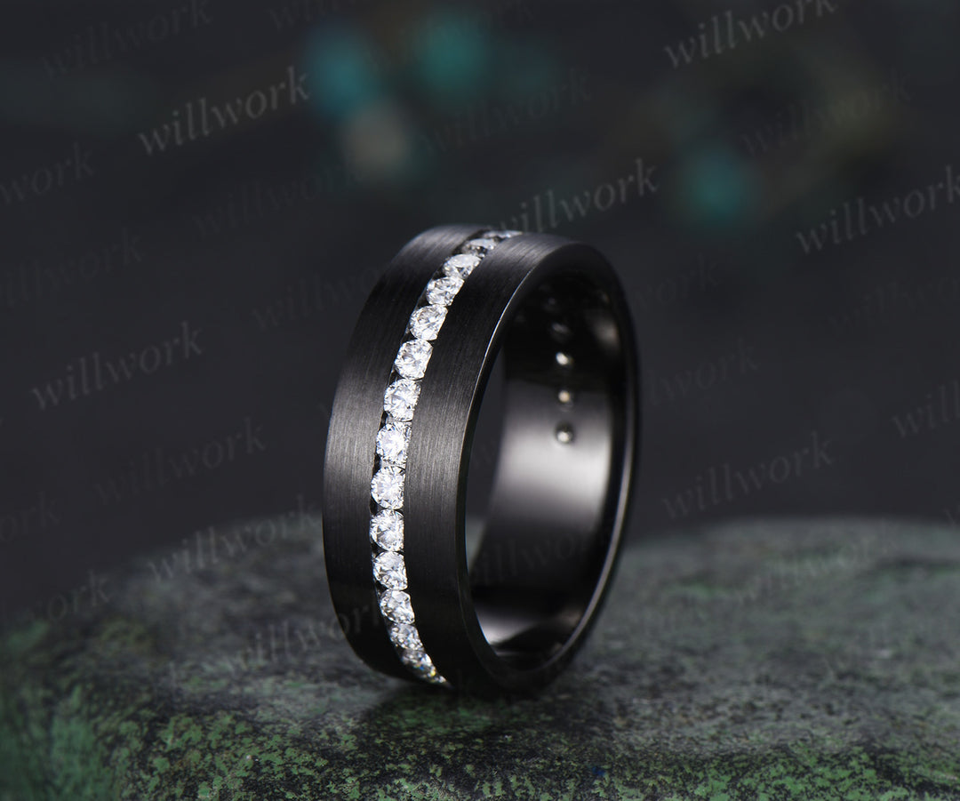 Moissanite mens wedding band 14k black gold brushed 8mm 3/4 eternity wedding ring anniversary gift for husband