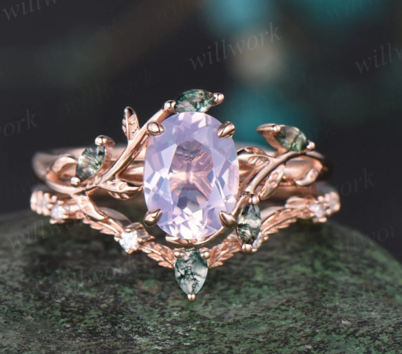 Vintage Oval Cut Lavender Amethyst Engagement Ring Rose Gold Art Deco Cluster Leaf Nature Inspired Moss Agate Bridal Wedding Ring Set Women