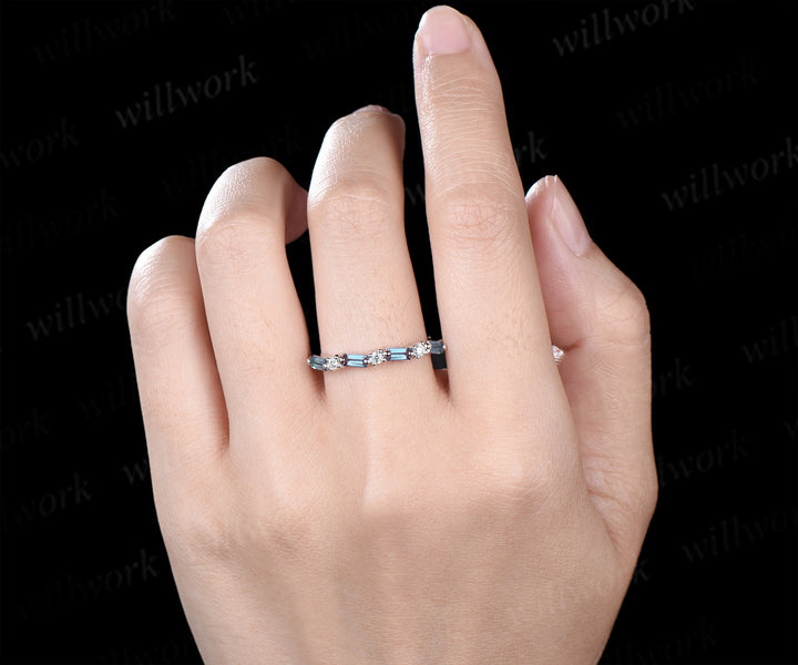 Dainty baguette cut alexandrite moissanite wedding band unique stacking ring solid white gold alexandrite band delicate gifts for her