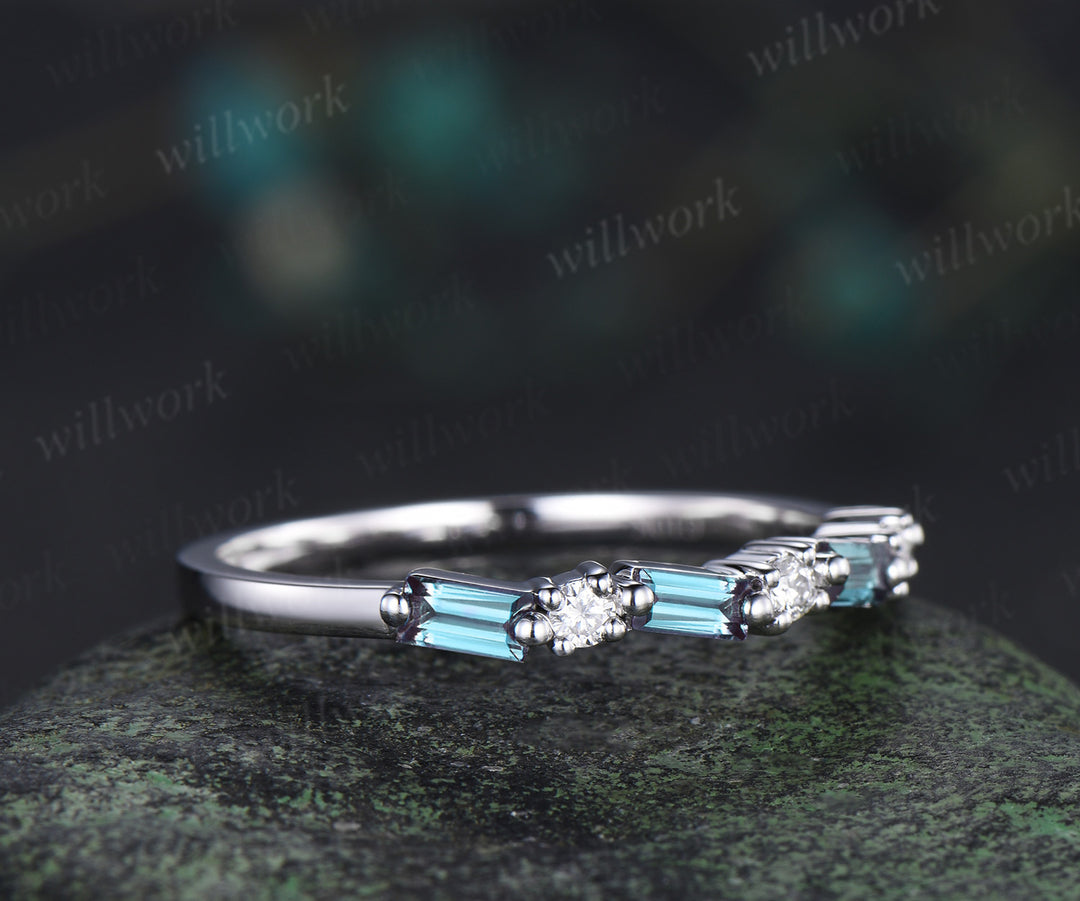 Dainty baguette cut alexandrite moissanite wedding band unique stacking ring solid white gold alexandrite band delicate gifts for her