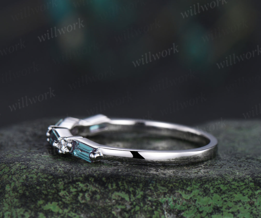 Dainty baguette cut alexandrite moissanite wedding band unique stacking ring solid white gold alexandrite band delicate gifts for her