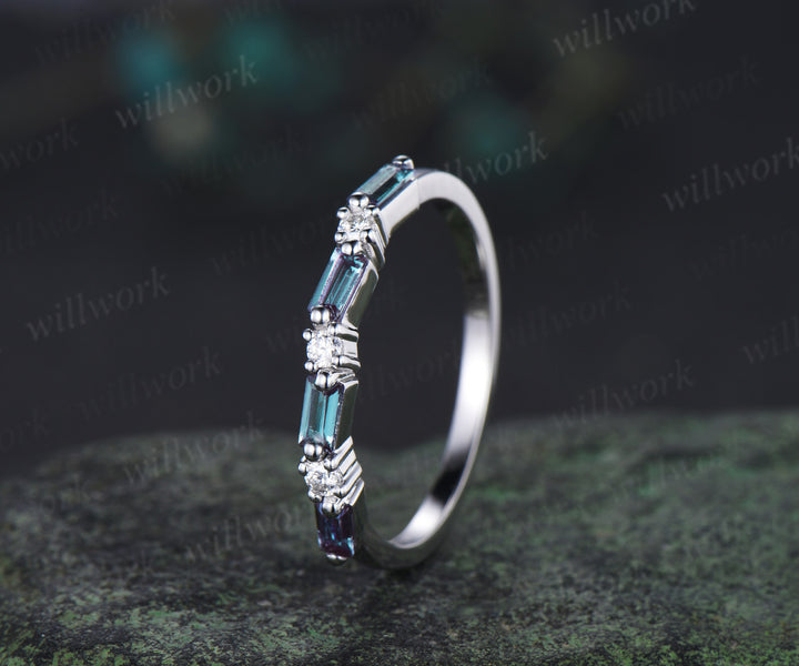 Dainty baguette cut alexandrite moissanite wedding band unique stacking ring solid white gold alexandrite band delicate gifts for her