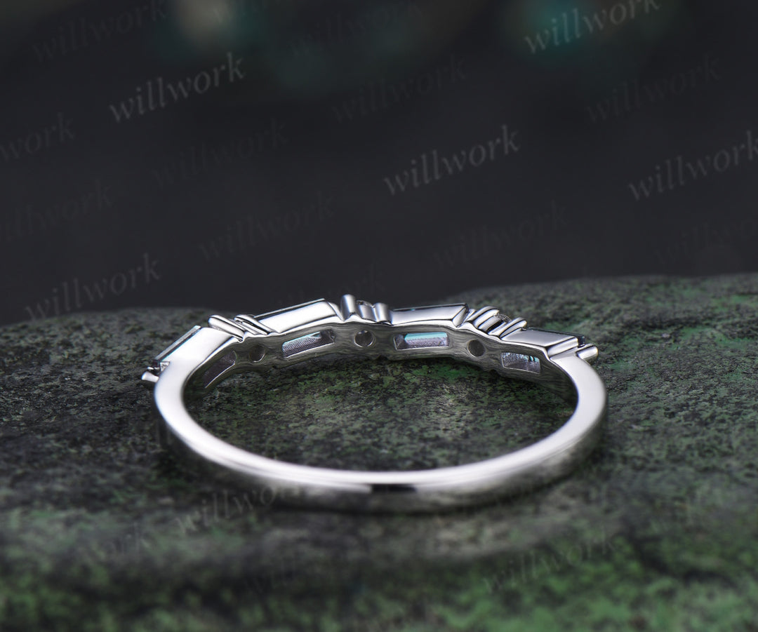 Dainty baguette cut alexandrite moissanite wedding band unique stacking ring solid white gold alexandrite band delicate gifts for her