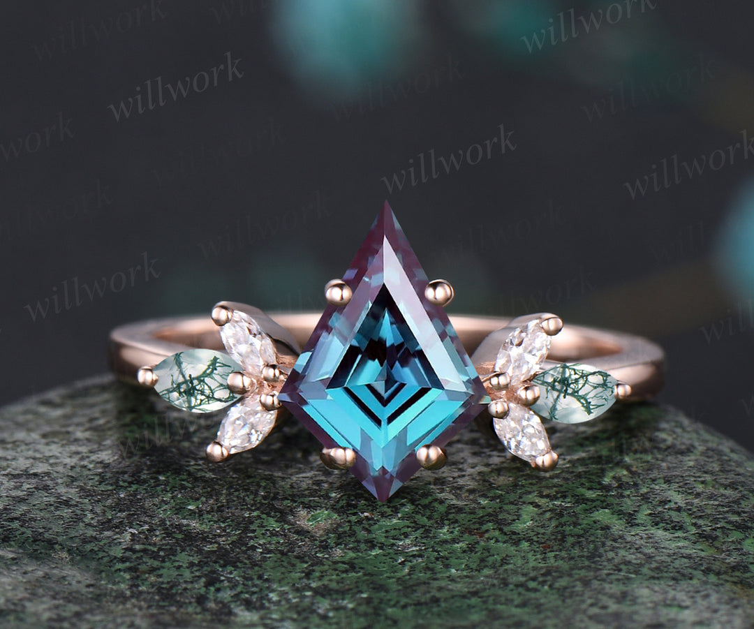 Unique June Birthstone Kite Alexandrite Engagement Ring Set 14k Rose Gold Moissanite Amethyst Bridal Ring Set
