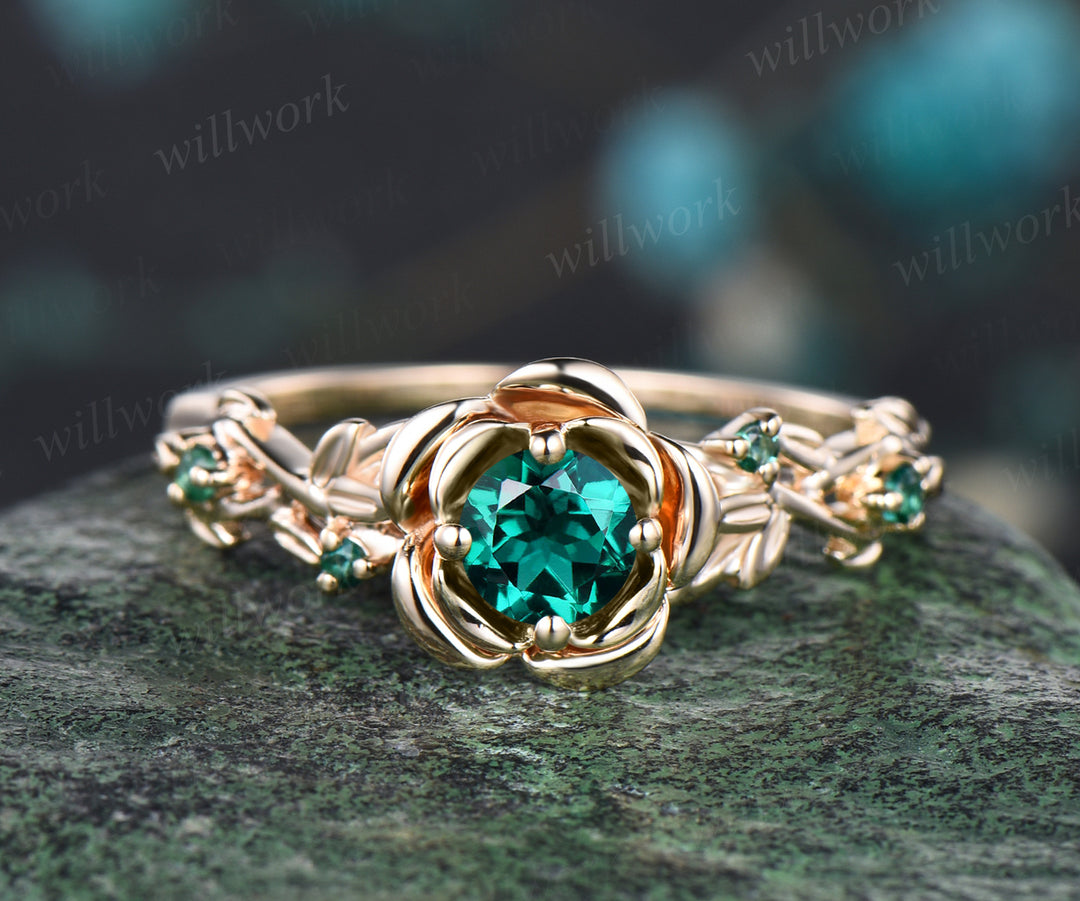 Unique Rose Flower Vine Twig Branch Nature Inspired Ring May Birthstone Emerald Engagement Ring Amethyst Floral Leaf Wedding Band 14k Yellow Gold 2pcs Bridal Ring Set