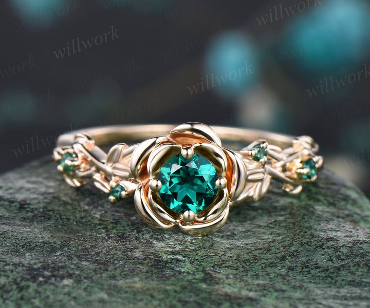Unique Rose Flower Vine Twig Branch Nature Inspired Ring May Birthstone Emerald Engagement Ring Amethyst Floral Leaf Wedding Band 14k Yellow Gold 2pcs Bridal Ring Set