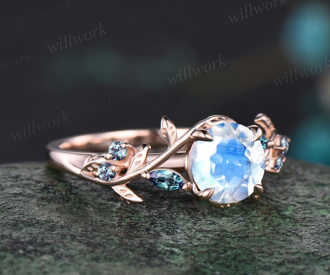 Unique Round Cut June Birthstone Natural Moonstone Engagement Ring 14k Rose Gold Alexandrite Leaf Vine Twig Branch Nature Inspired Bridal Ring