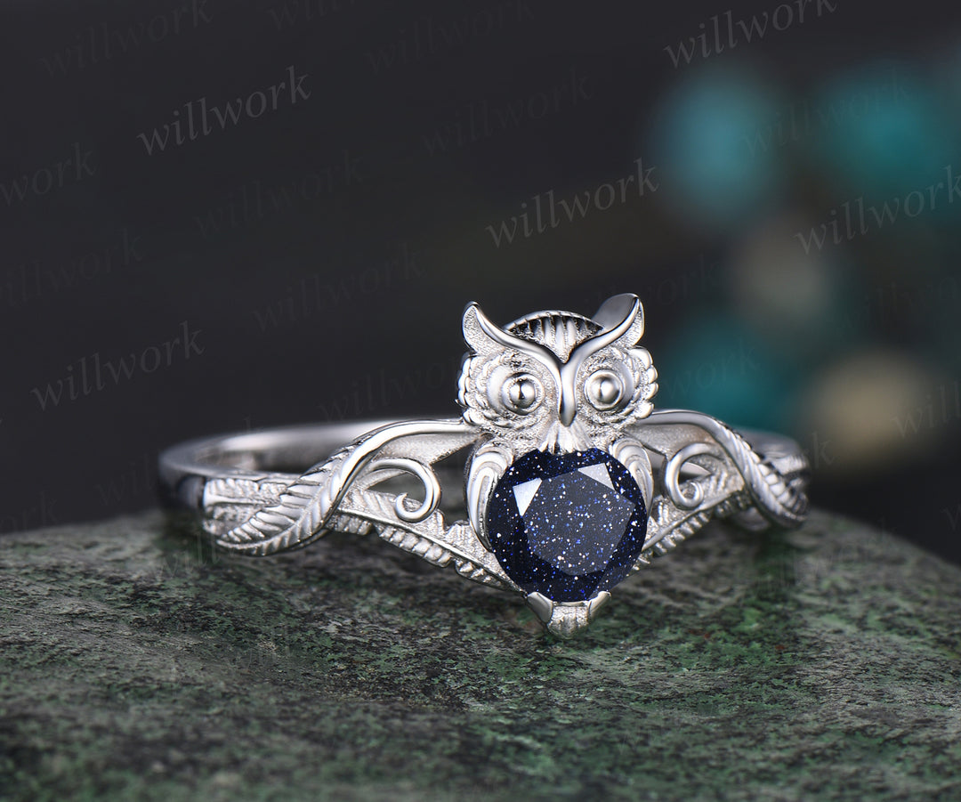 Unique Branch Twig Vine Owl Engagement Ring Round Blue Sandstone Wedding Ring Cute Owl Antique Nature Inspired Blue Sandstone Jewelry